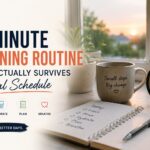 Morning routine checklist with coffee mug, notebook, alarm clock, and sunrise on a desk.