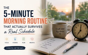 Morning routine checklist with coffee mug, notebook, alarm clock, and sunrise on a desk.