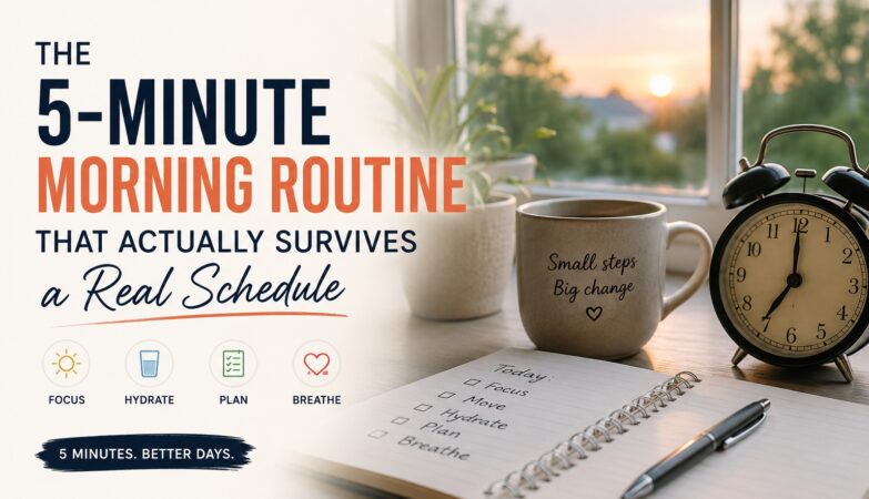 Morning routine checklist with coffee mug, notebook, alarm clock, and sunrise on a desk.