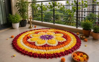 Apartment balcony with finished pookalam