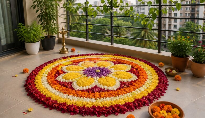 Apartment balcony with finished pookalam