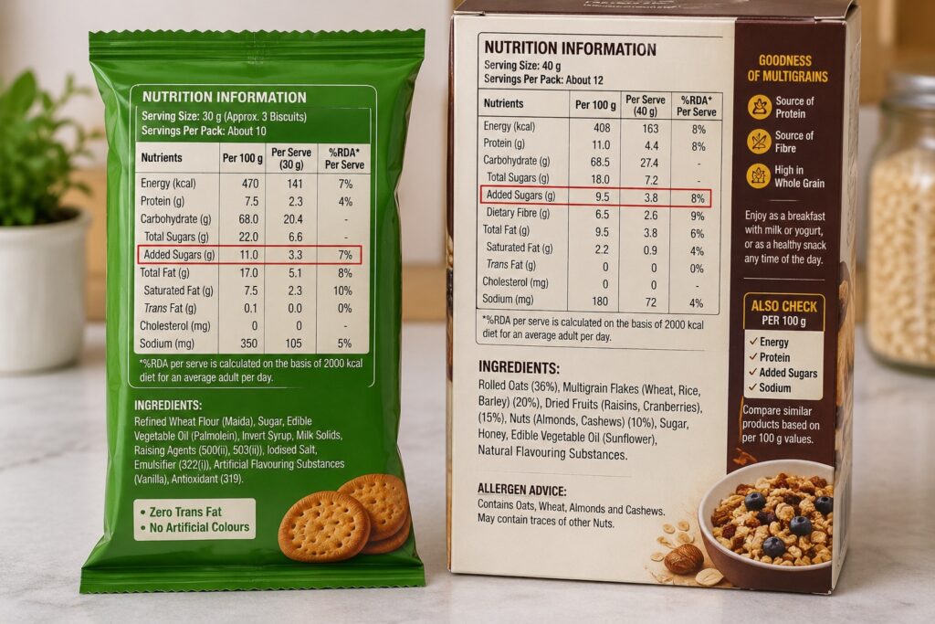 Two Indian packaged-food products side by side, with their nutrition panels visible.